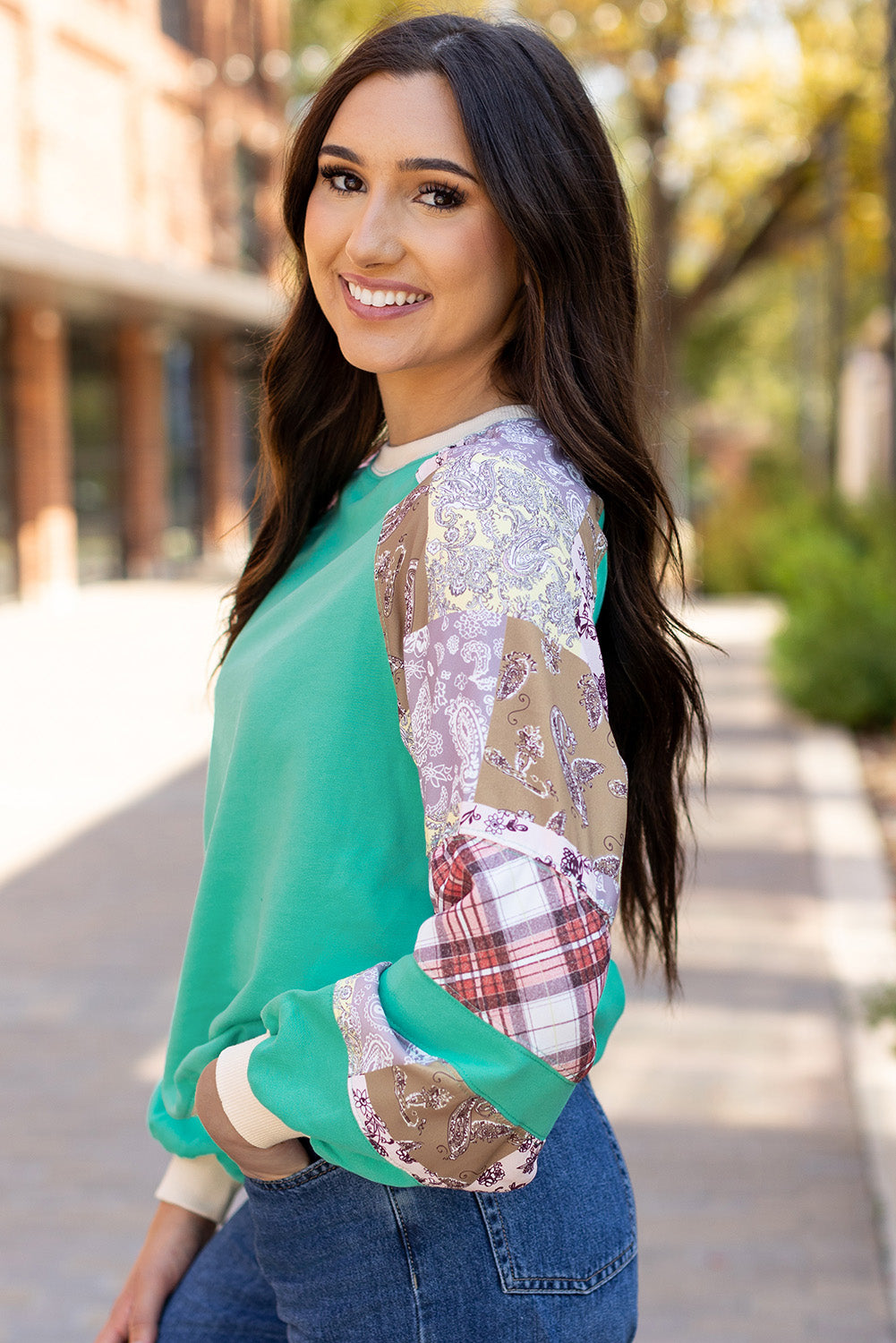 Kiara – Aruba Blue Patchwork Raglan Long Sleeve Top