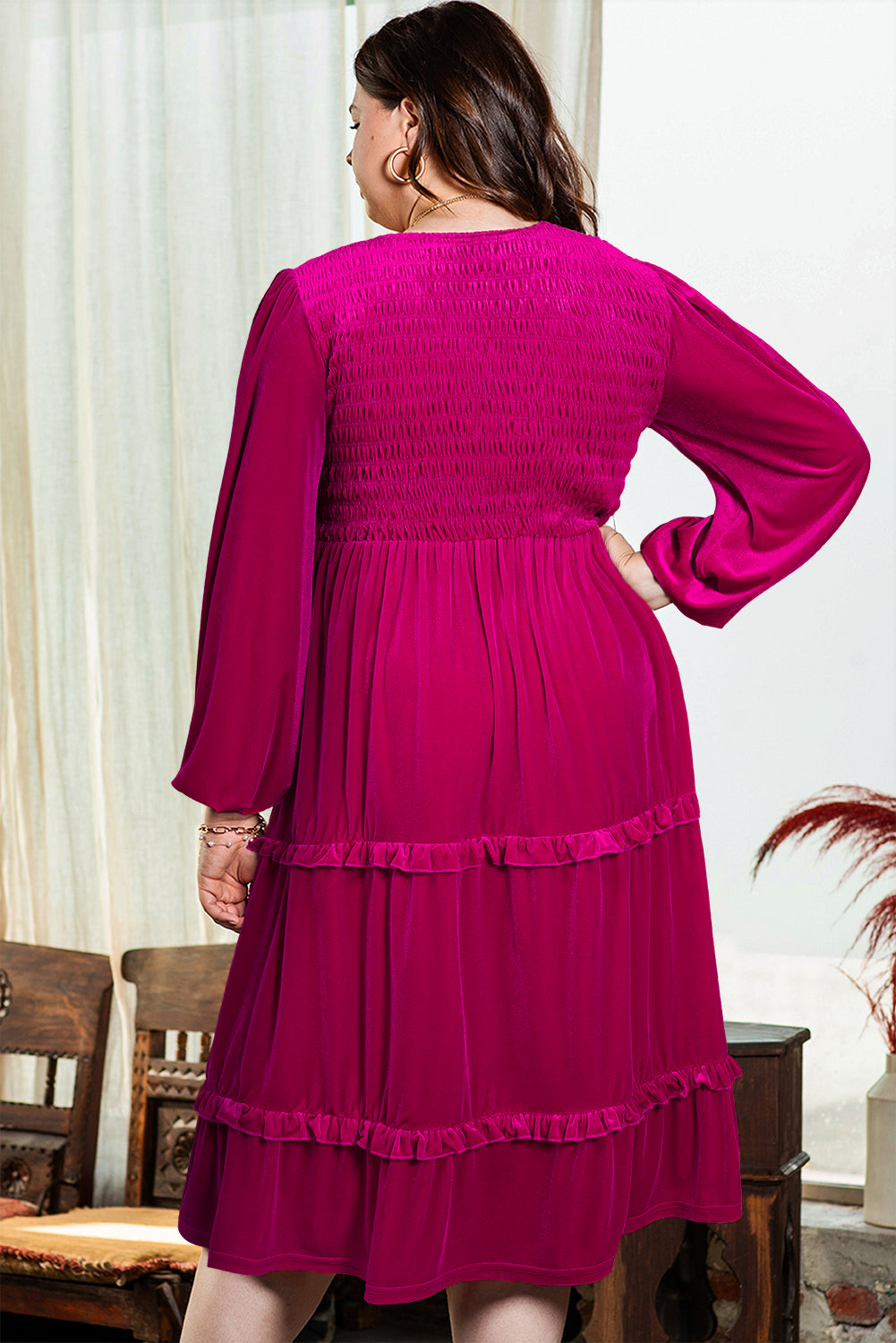 Jane – Plus Size Velvet Maxi Dress with V-Neck, Ruffle Tiers & Puff Sleeves