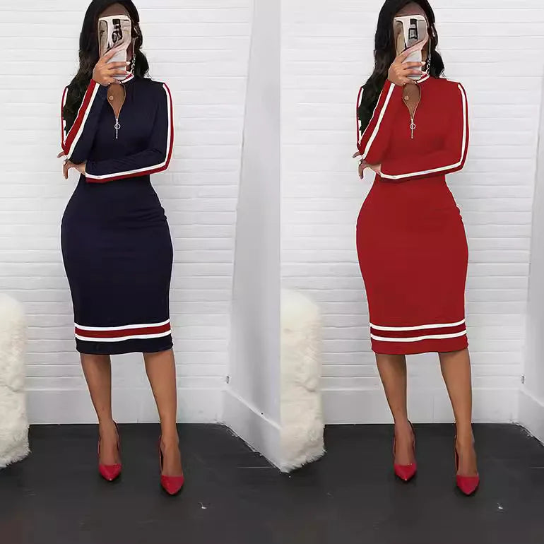 Genesis – Retro Long Sleeve Zipper Bodycon Dress
