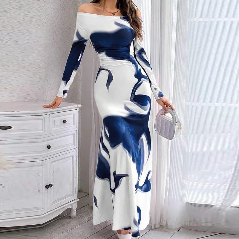 Valentina – Printed Long Sleeve Dress with Pleated Waist