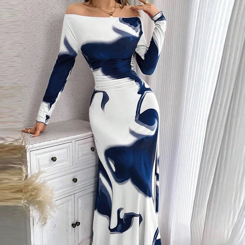 Valentina – Printed Long Sleeve Dress with Pleated Waist