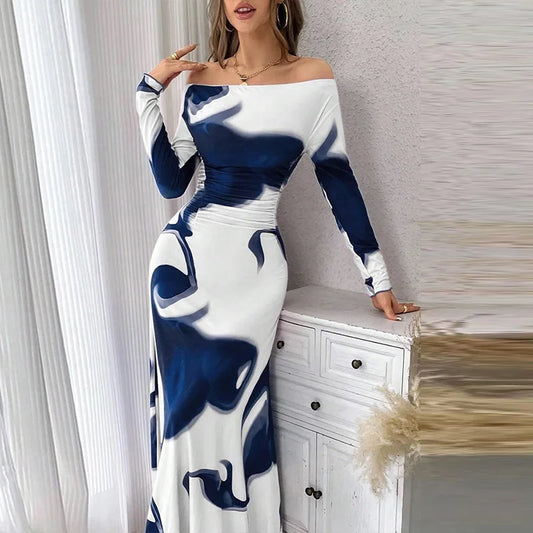 Valentina – Printed Long Sleeve Dress with Pleated Waist