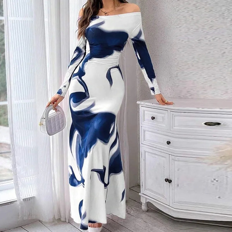 Valentina – Printed Long Sleeve Dress with Pleated Waist