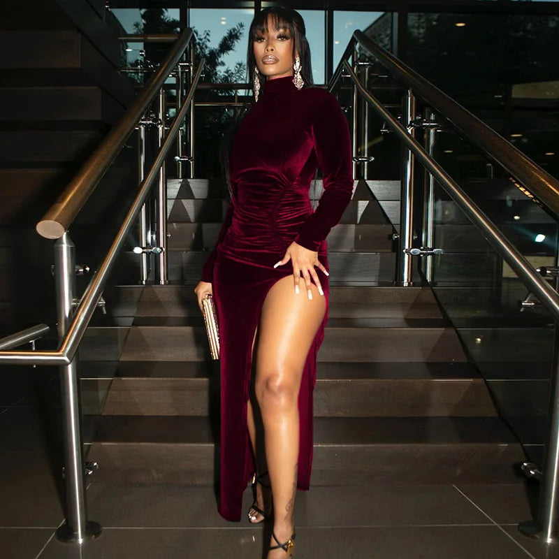 Ivy – High Neck Velvet Bodycon Dress with Long Sleeves and Side Slit
