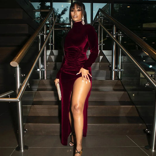 Ivy – High Neck Velvet Bodycon Dress with Long Sleeves and Side Slit