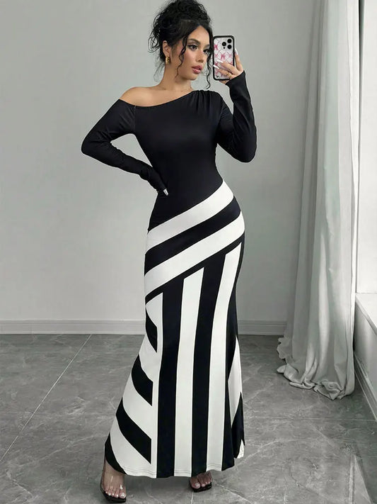Delilah – Black and White Patchwork Maxi Dress
