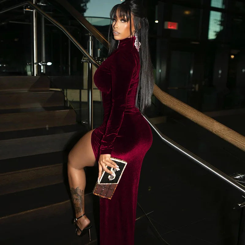 Ivy – High Neck Velvet Bodycon Dress with Long Sleeves and Side Slit