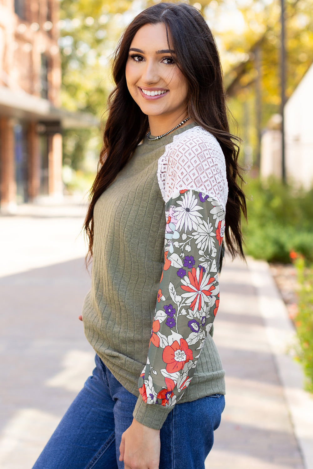 Vera – Floral Patchwork Ribbed Knit Long Sleeve Blouse