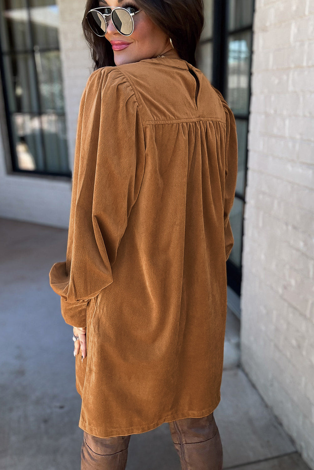 Marley – Desert Gold Corduroy Puff Sleeve Shift Mini Dress