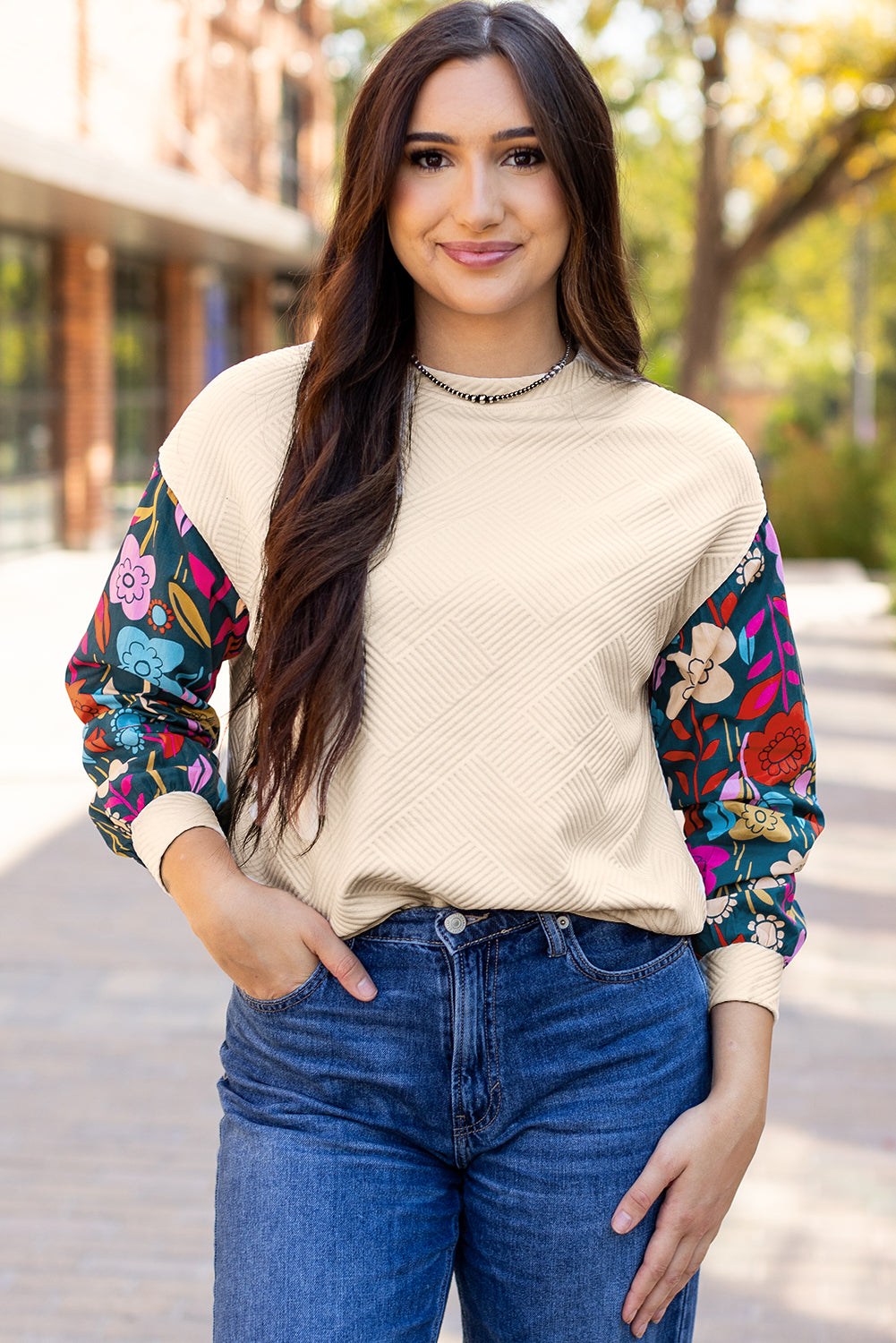Kimberly – Drop Shoulder Knit Top with Floral Contrast Sleeves