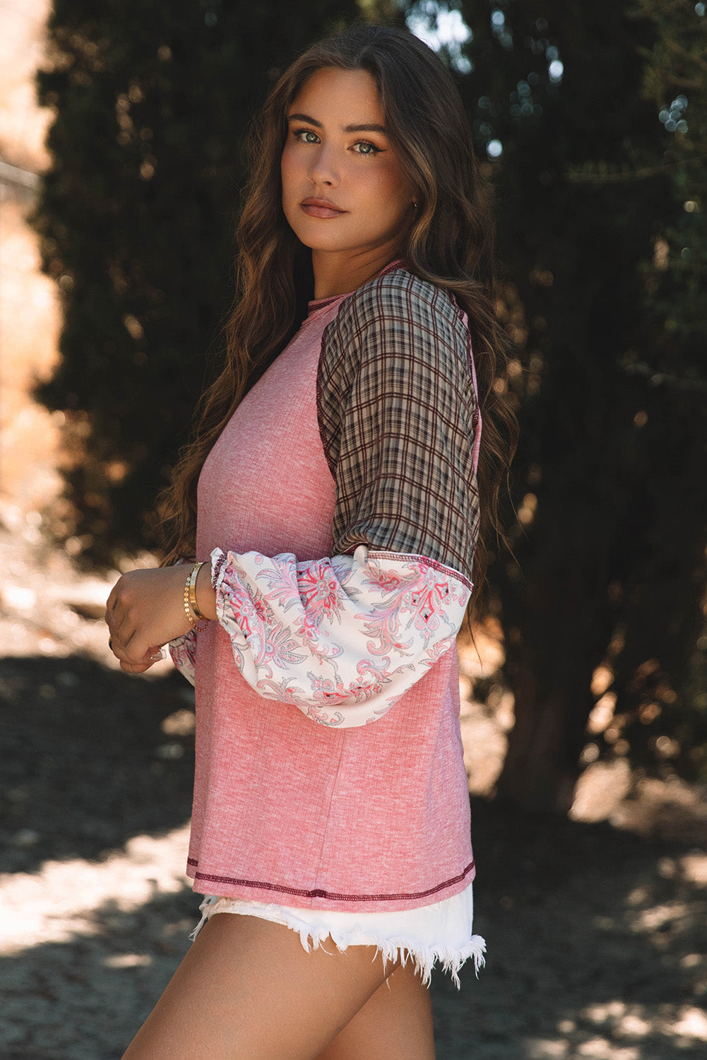 Faith – Mixed Print Raglan Sleeve Ribbed Knit Patchwork Blouse