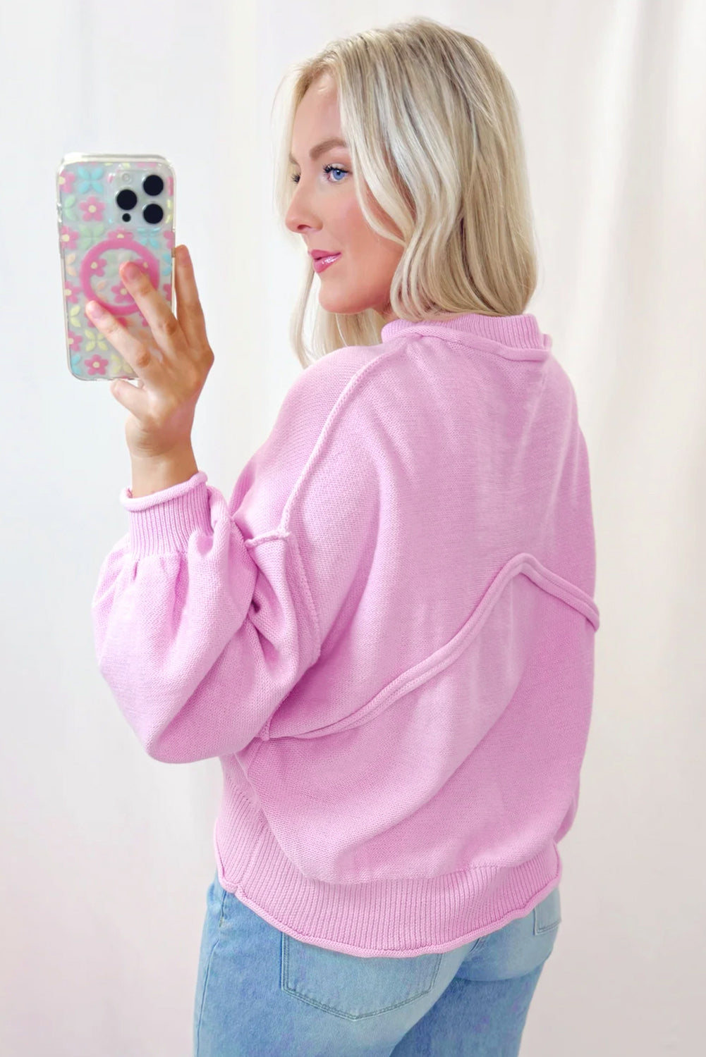 Hope – Pink Drop Shoulder Sweater with Ribbed Cuffs