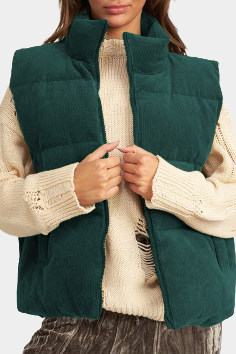 Madilyn – Women's Corduroy Zipped Stand Neck Puffer Vest