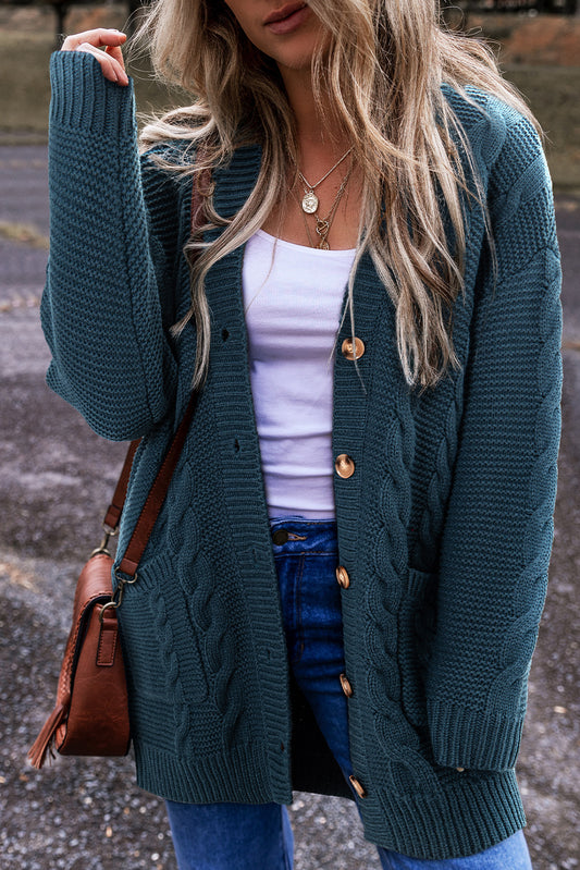 Kalani – Cable Knit Button-Up Pocketed Oversized Cardigan