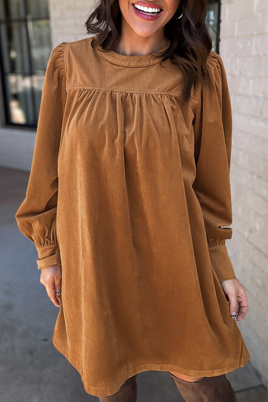 Marley – Desert Gold Corduroy Puff Sleeve Shift Mini Dress