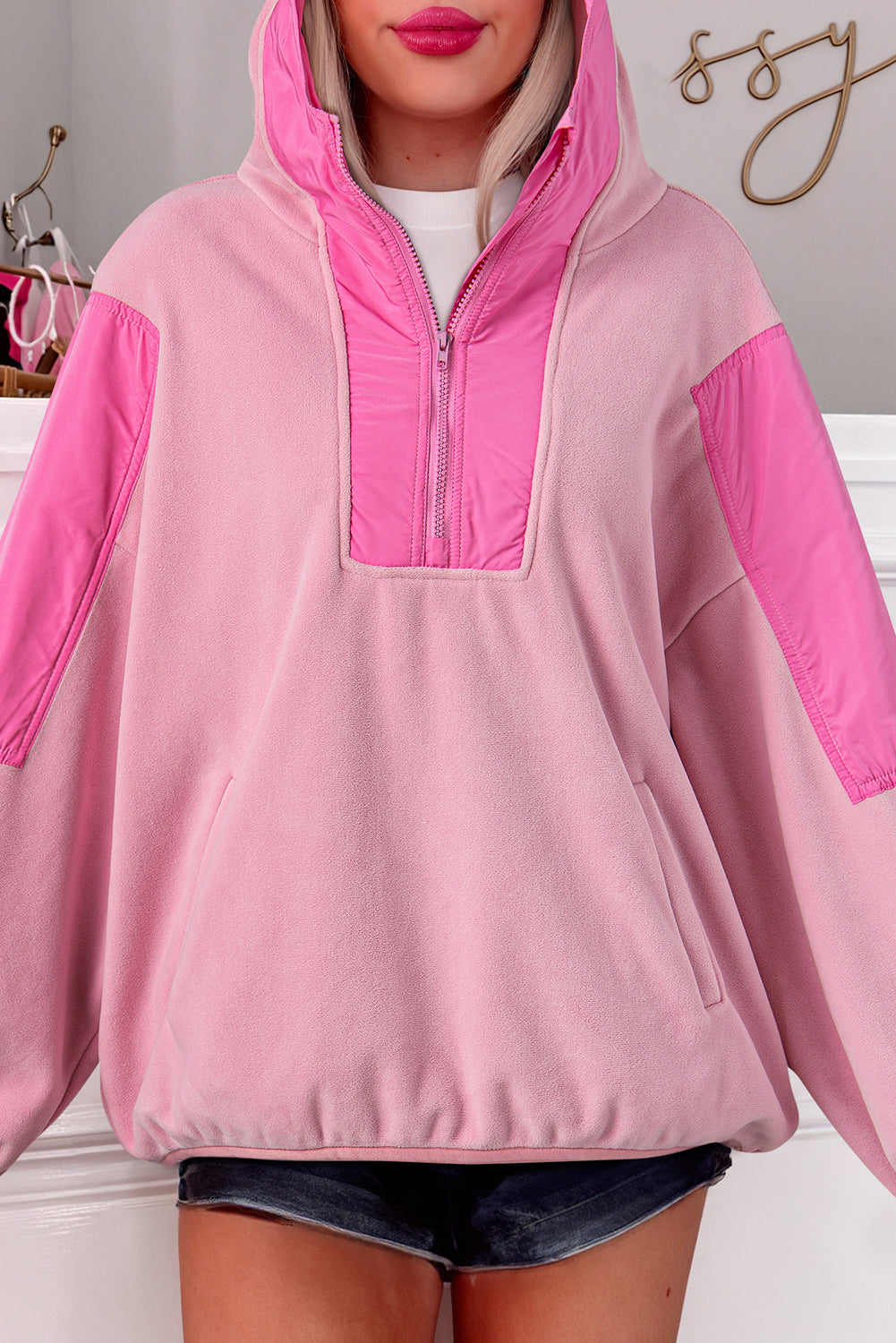 Poppy – Oversized Patchwork Sherpa Hoodie with Half Zip