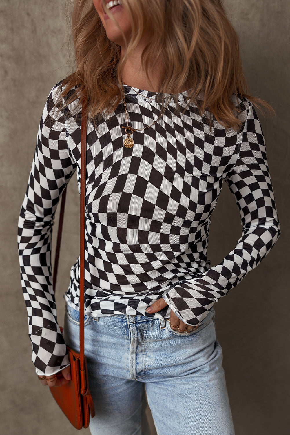 Zara – Black Checkered Pattern Mesh Mock Neck Long Sleeve Top