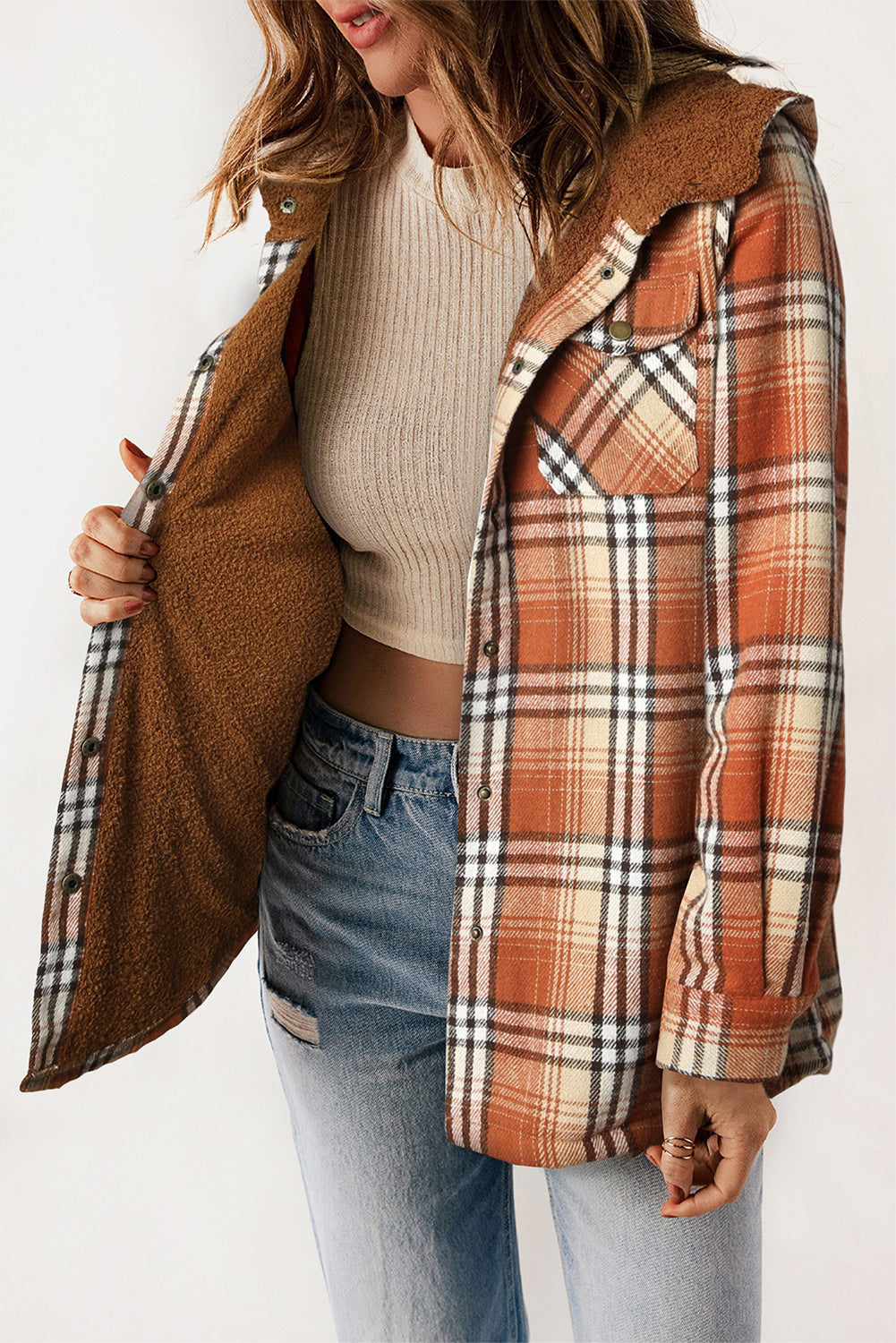 Juliet – Plaid Sherpa Lined Hooded Shacket