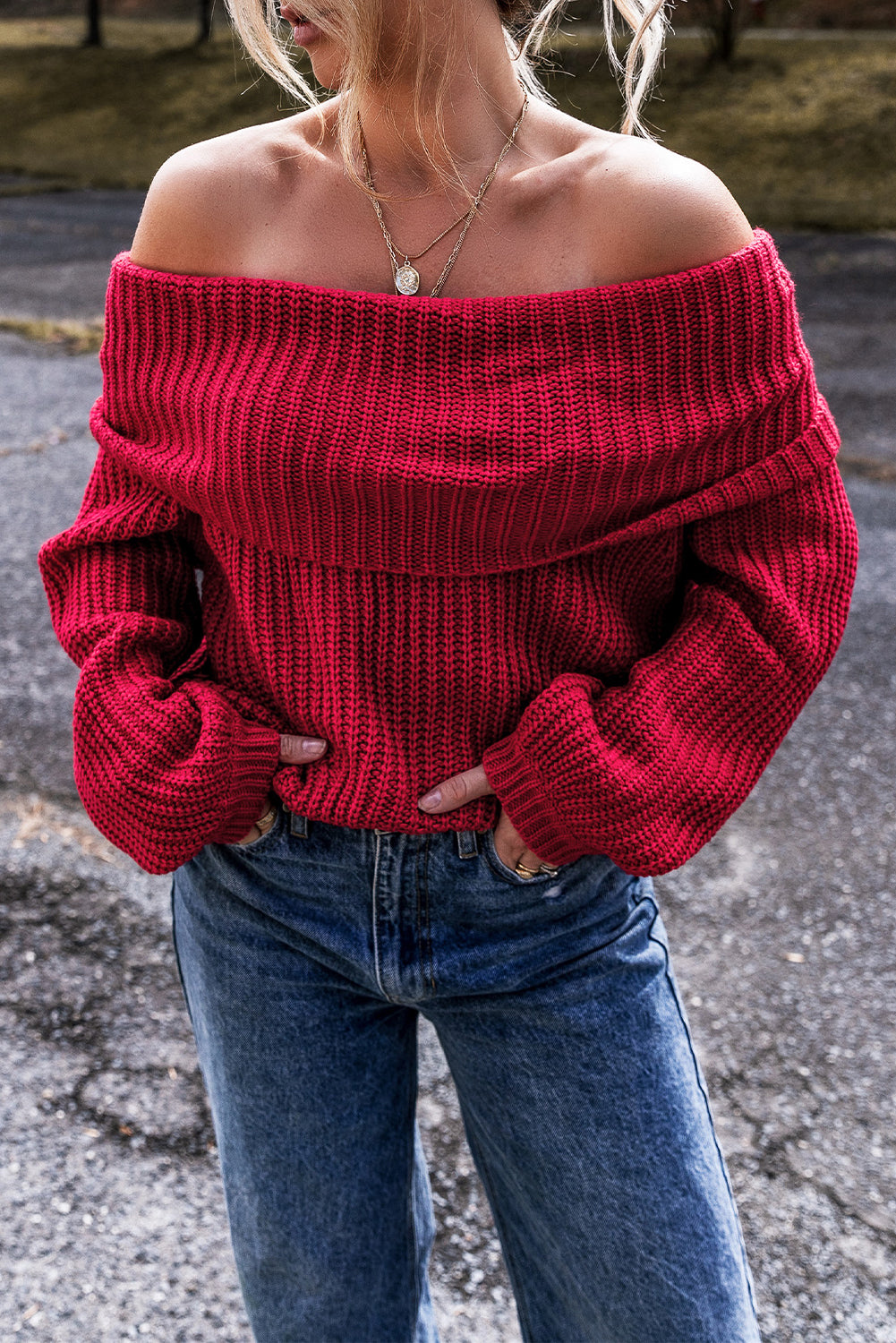 Mckenna – Off-Shoulder Knit Sweater with Foldover Neckline