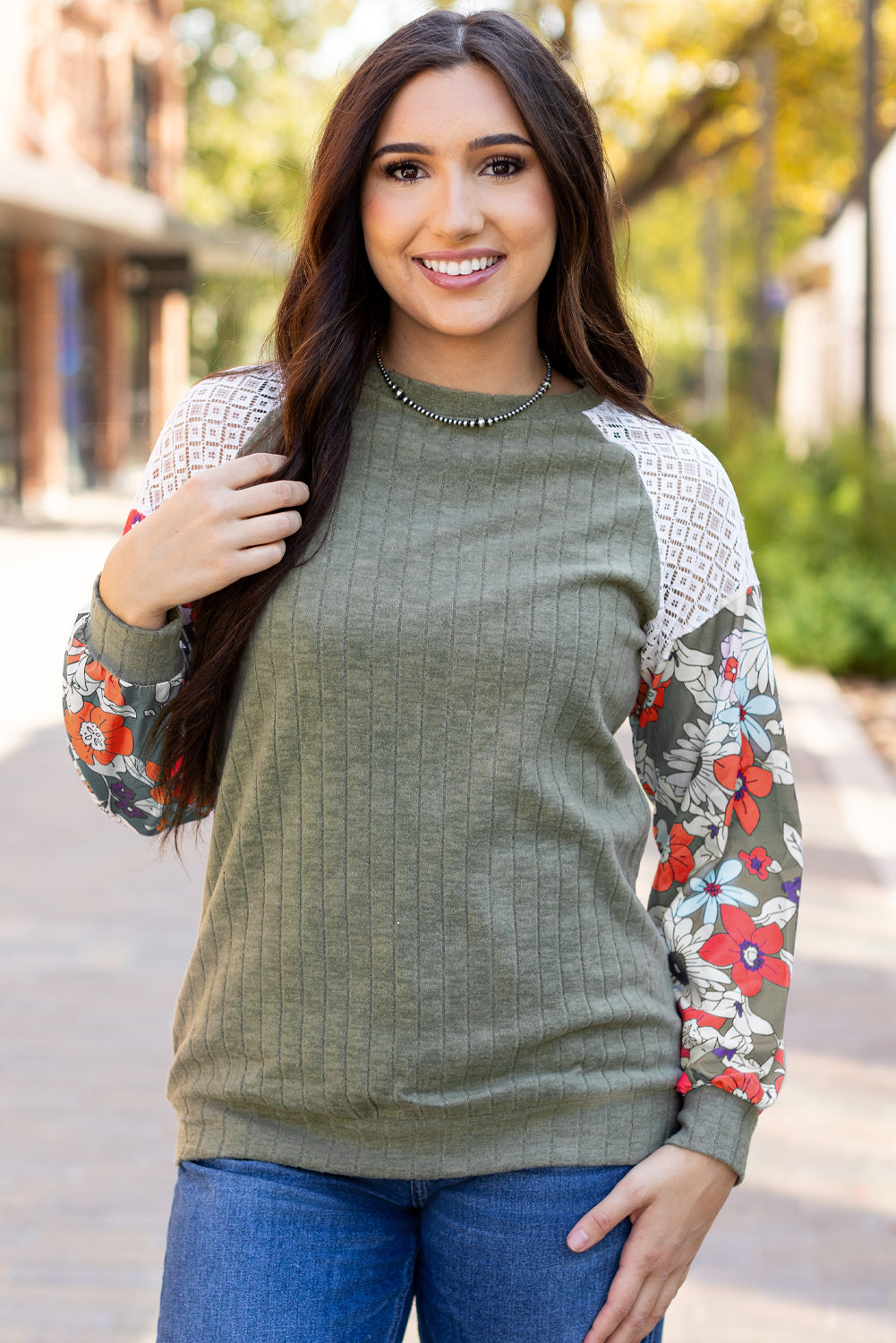 Vera – Floral Patchwork Ribbed Knit Long Sleeve Blouse