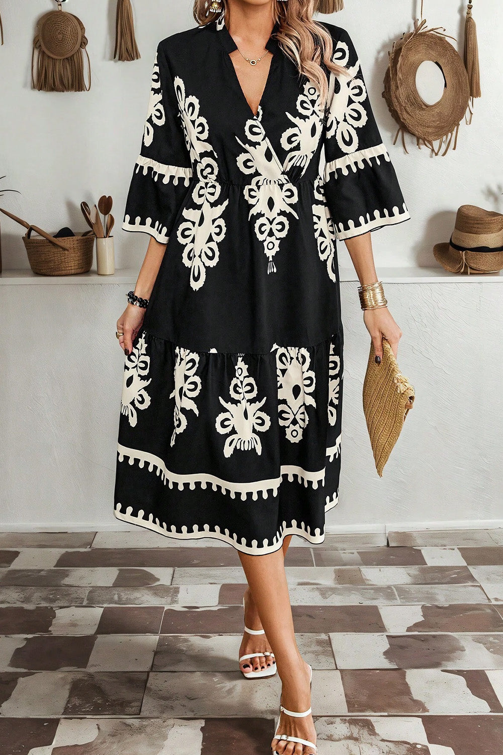 Norah – Black Geometric Print Midi Dress