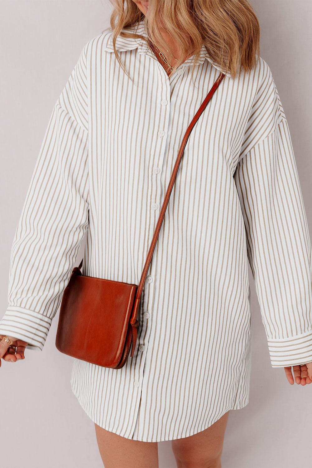 Presley – Khaki Striped Long Sleeve Button-Up Shirt Dress
