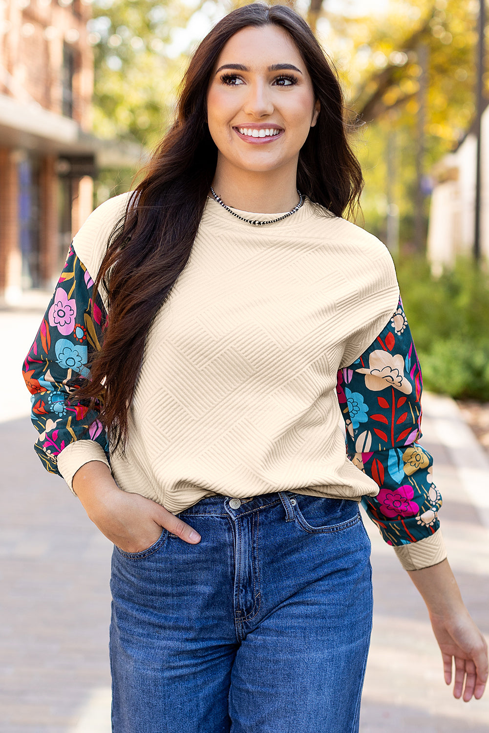 Kimberly – Drop Shoulder Knit Top with Floral Contrast Sleeves
