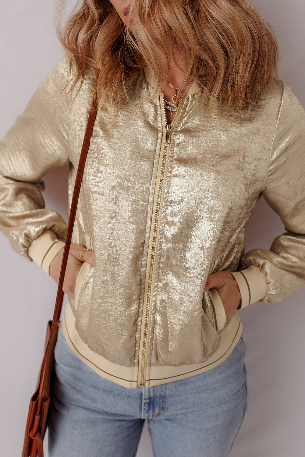 Aspen – Pale Khaki Metallic Zip-Up Baseball Jacket
