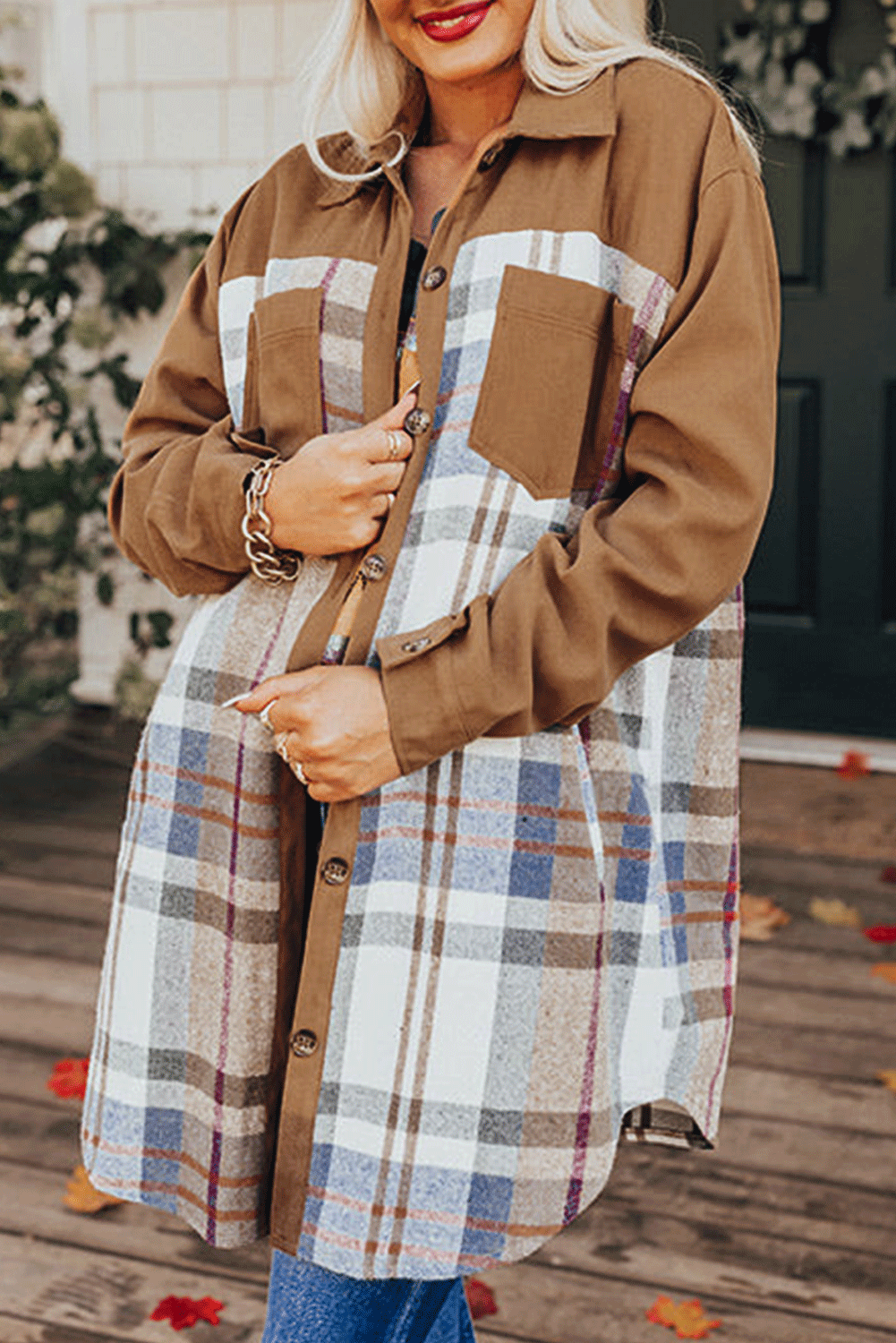 Adelaide – Khaki Plaid Patchwork Long Sleeve Shirt Mini Dress