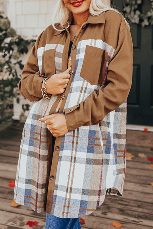 Adelaide – Khaki Plaid Patchwork Long Sleeve Shirt Mini Dress