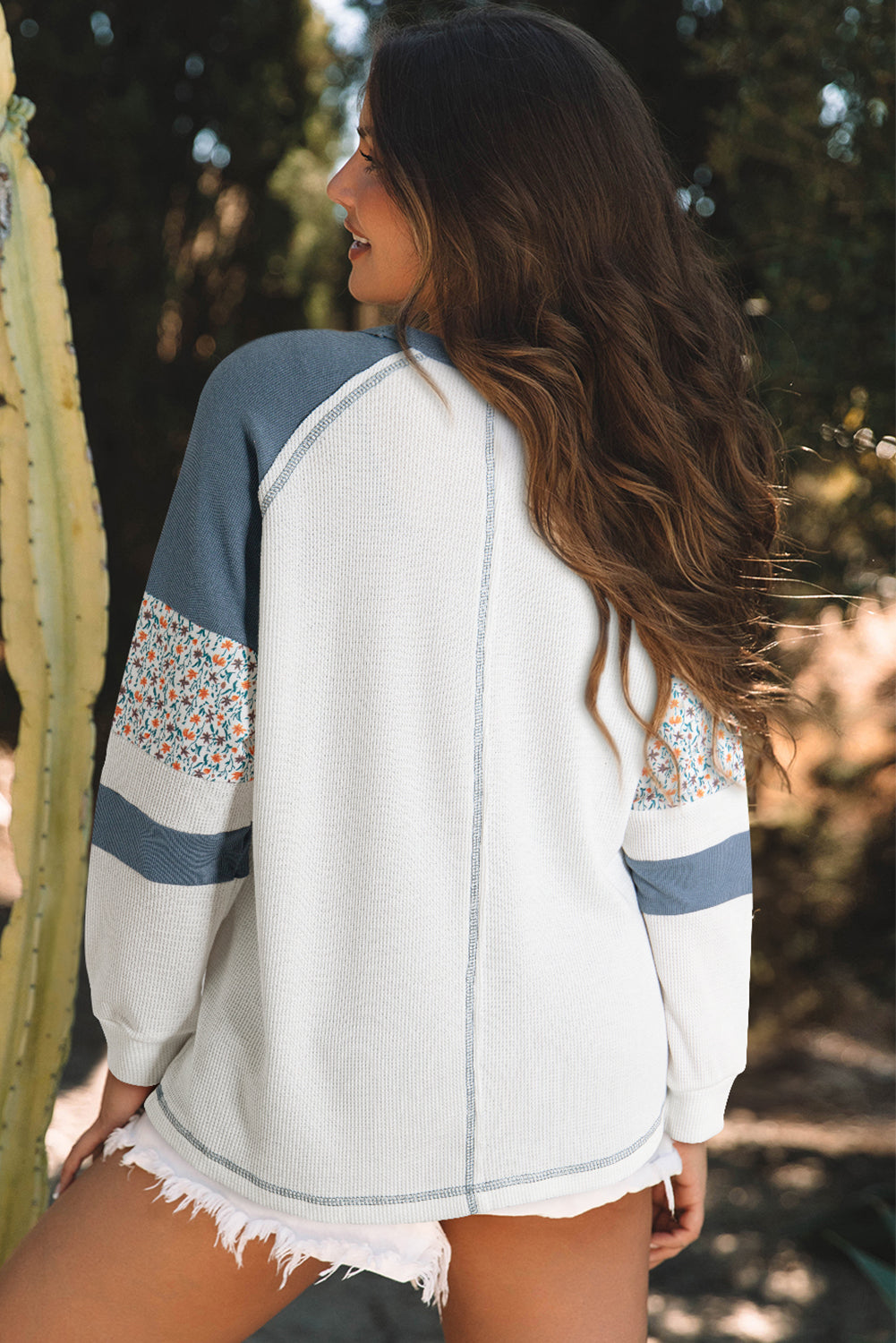 Leila – White Floral Patchwork Waffle Knit Raglan Top