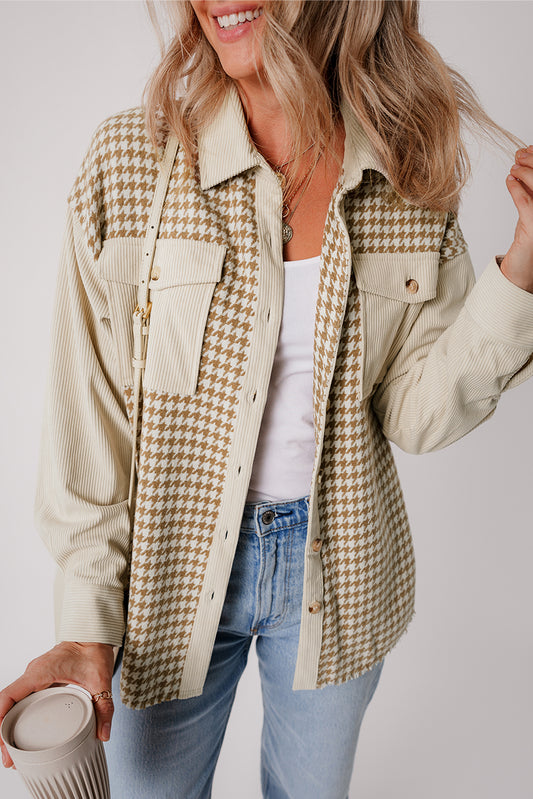 Laila – Houndstooth Patchwork Corduroy Shacket with Flap Pockets