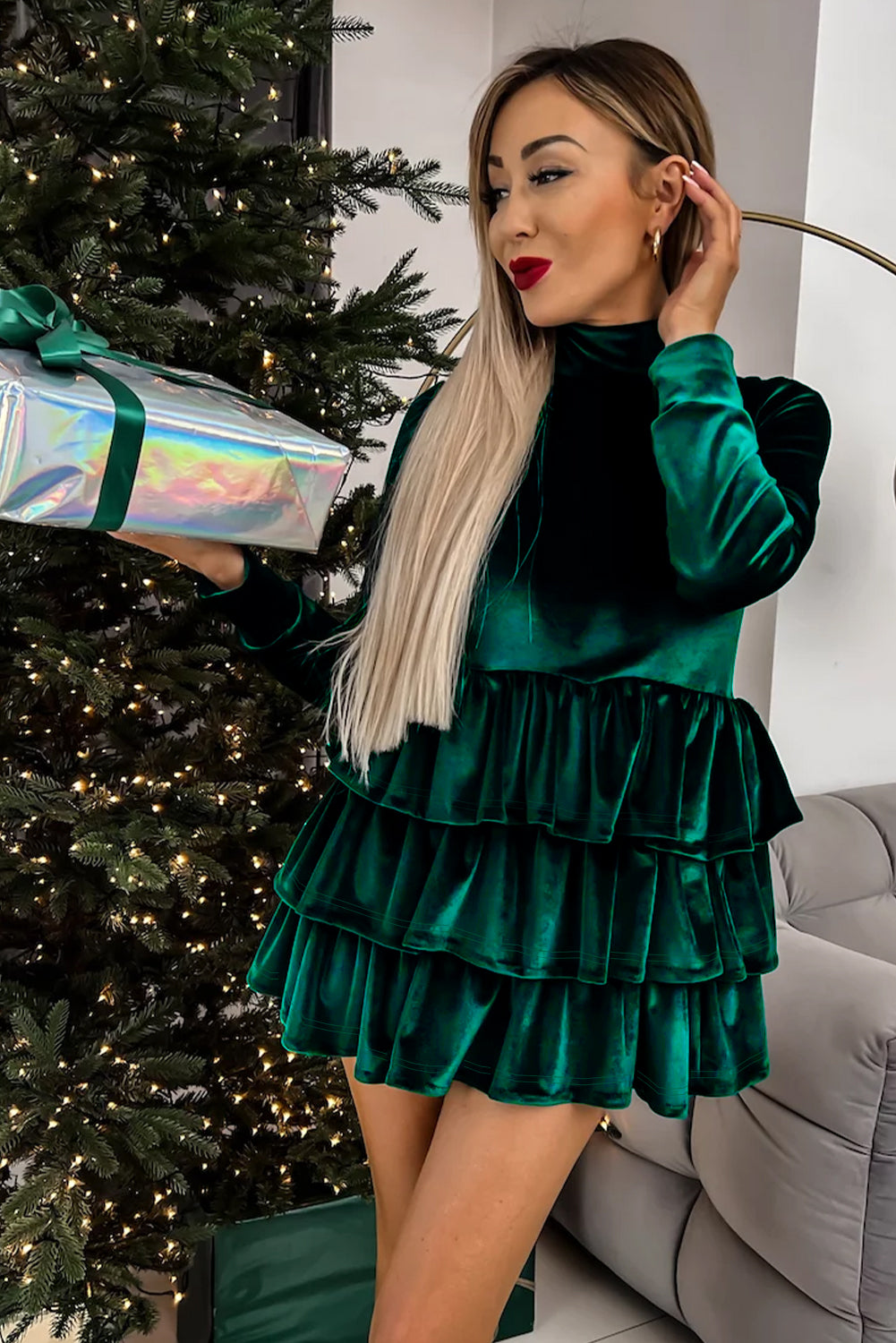 Shiloh – Velvet High Neck Tiered Ruffle Mini Dress