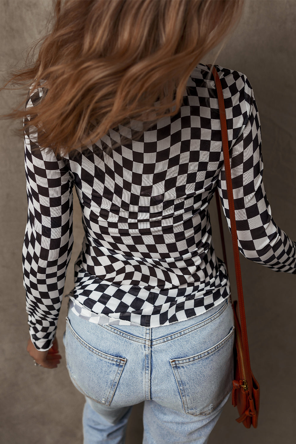 Zara – Black Checkered Pattern Mesh Mock Neck Long Sleeve Top