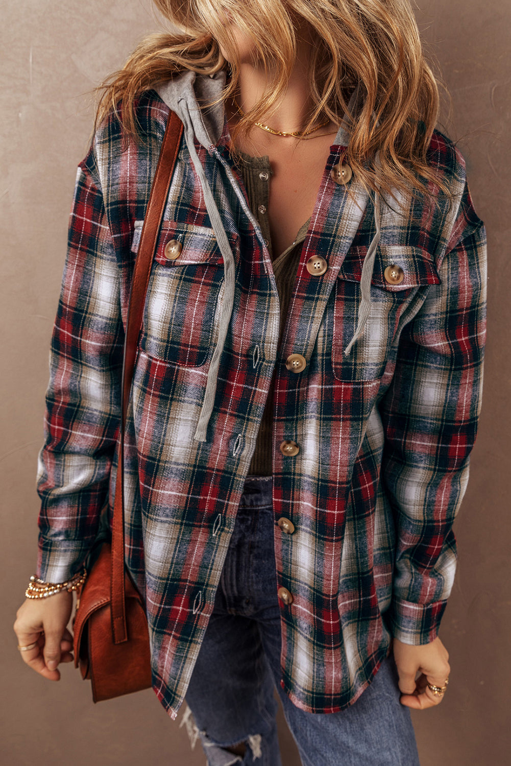 Nayeli – Hooded Plaid Button-Up Shacket with Chest Pocket