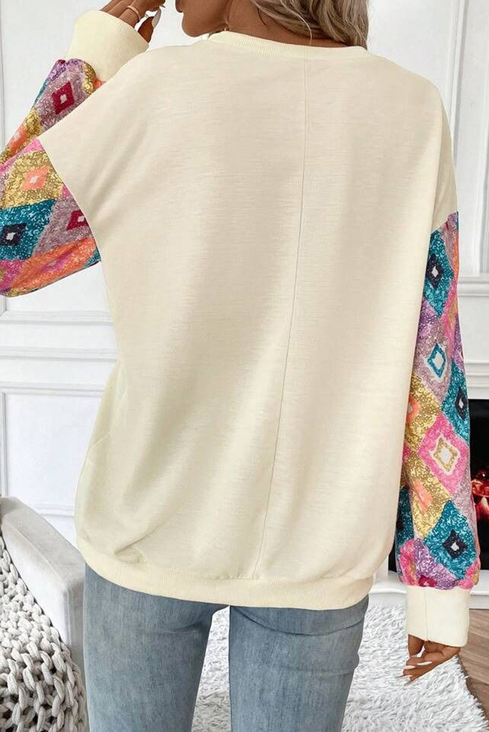 Daphne – Apricot Geometric Printed Patchwork Long Sleeve Round Neck Top