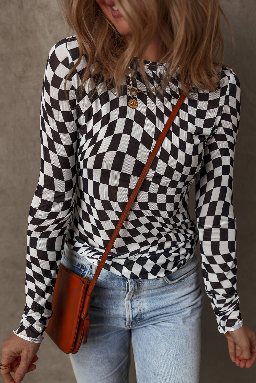 Zara – Black Checkered Pattern Mesh Mock Neck Long Sleeve Top
