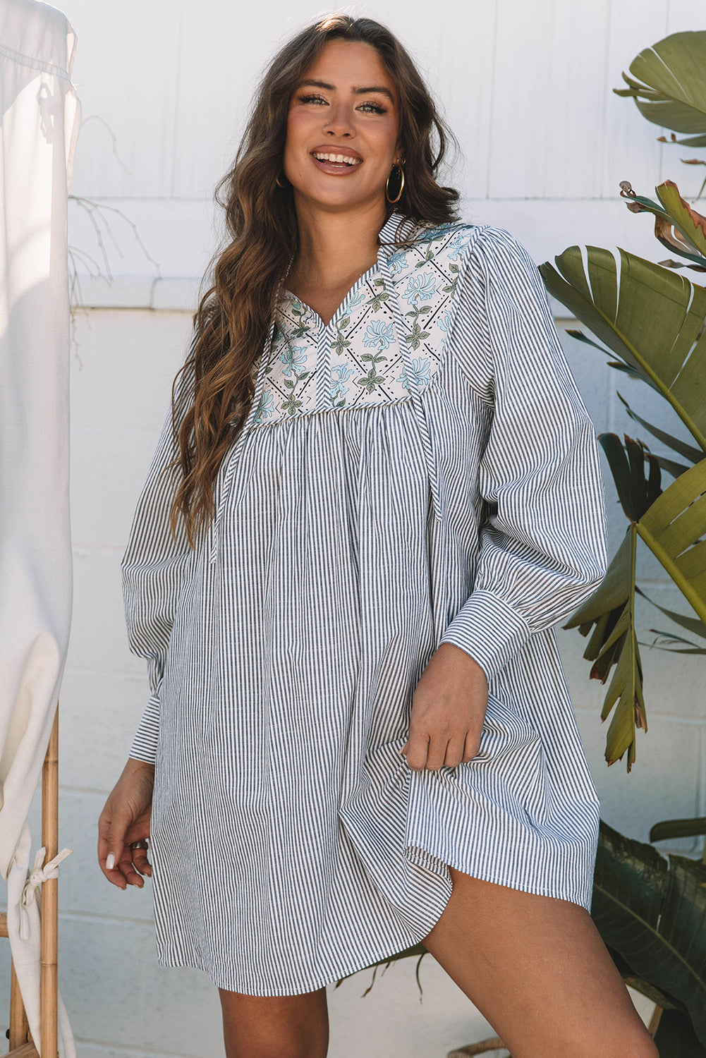 Phoebe – Black Striped Floral Patchwork V-Neck Long Sleeve Mini Dress
