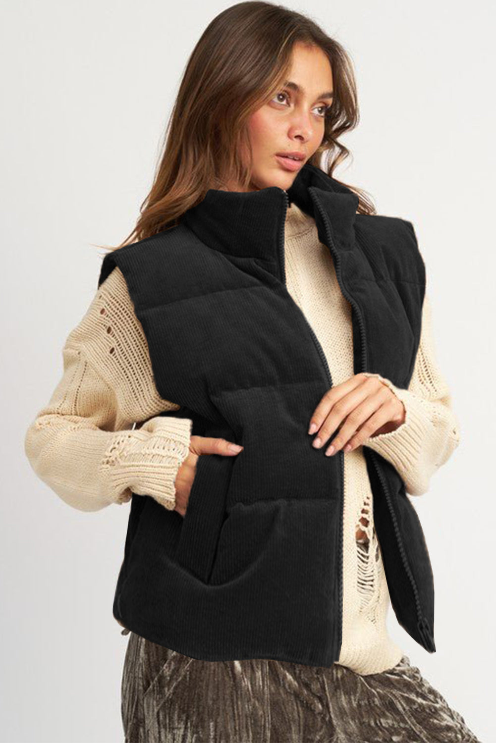 Madilyn – Women's Corduroy Zipped Stand Neck Puffer Vest