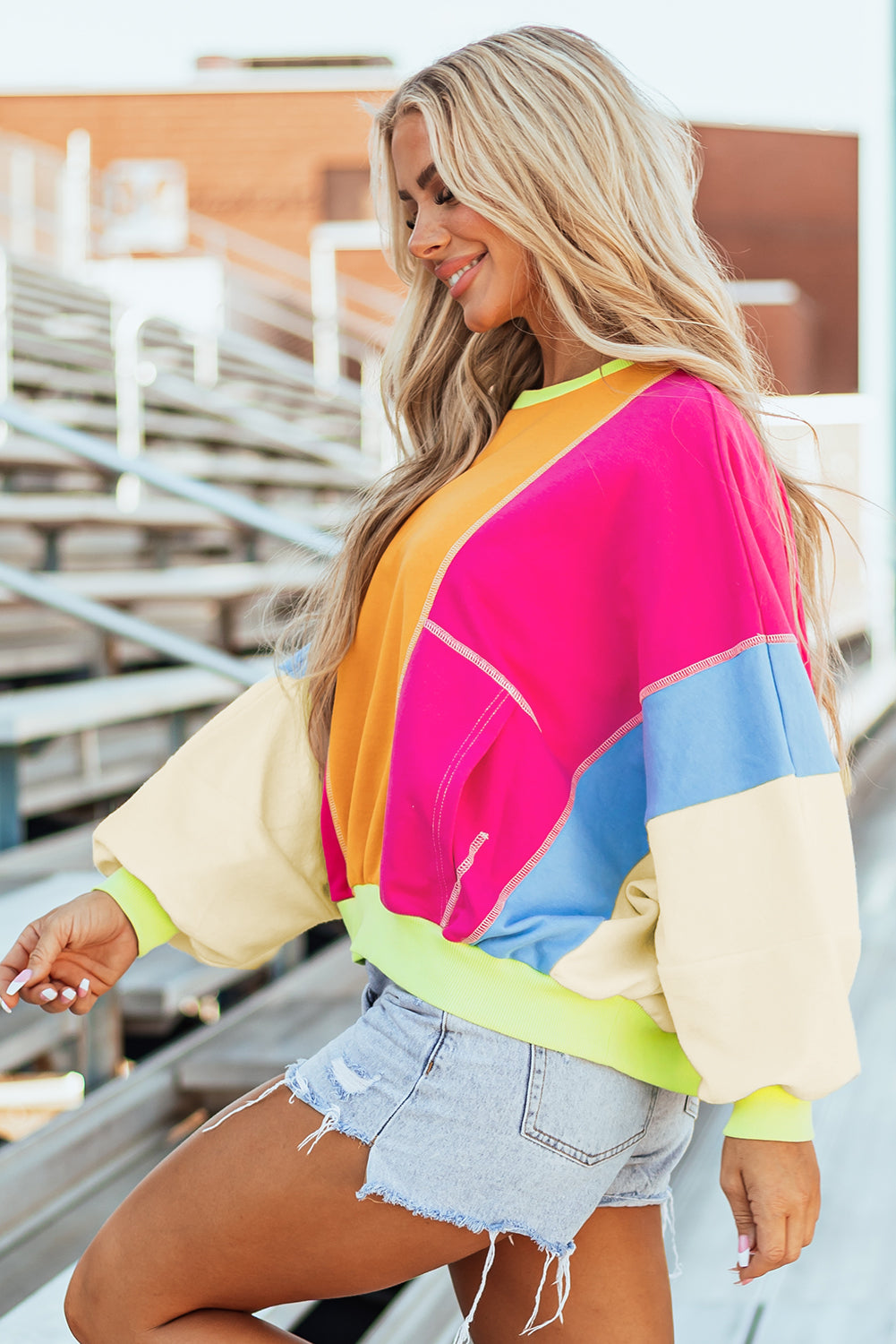 Mabel – Colorblock Patchwork Exposed Stitching Oversize Top