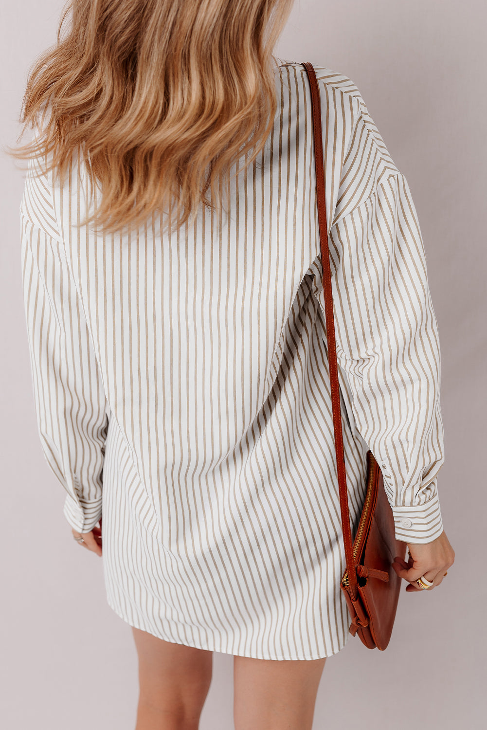 Presley – Khaki Striped Long Sleeve Button-Up Shirt Dress