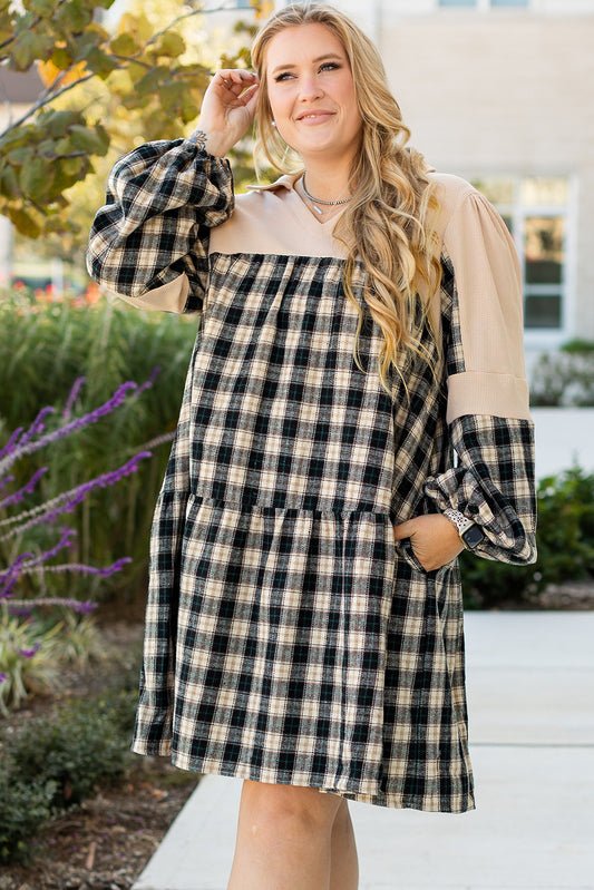 Noelle – Plus Size Black Plaid Patchwork Mini Dress