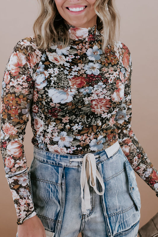 Vivienne – Brown Floral Long Sleeve High Neck Mesh Blouse