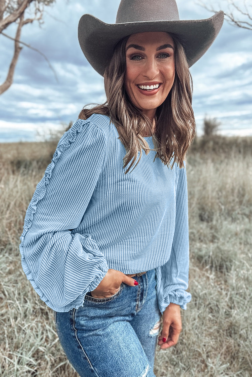 Kamila – Mist Blue Corded Frilly Puff Sleeve Round Neck Blouse