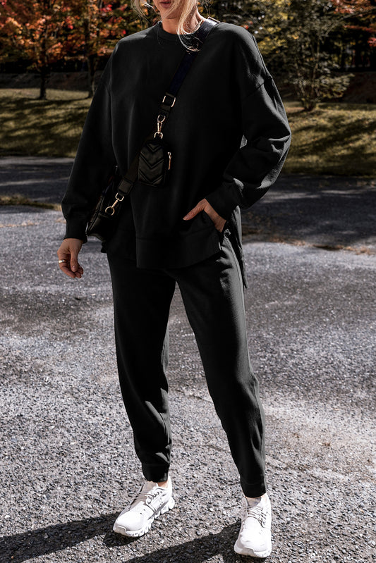 Jordyn – Black Solid Color High Low Pullover and Skinny Pants Set