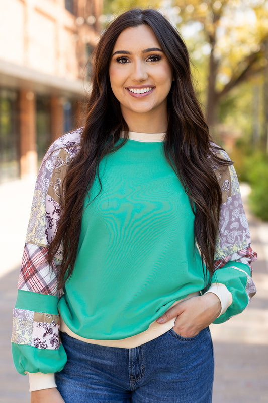 Kiara – Aruba Blue Patchwork Raglan Long Sleeve Top