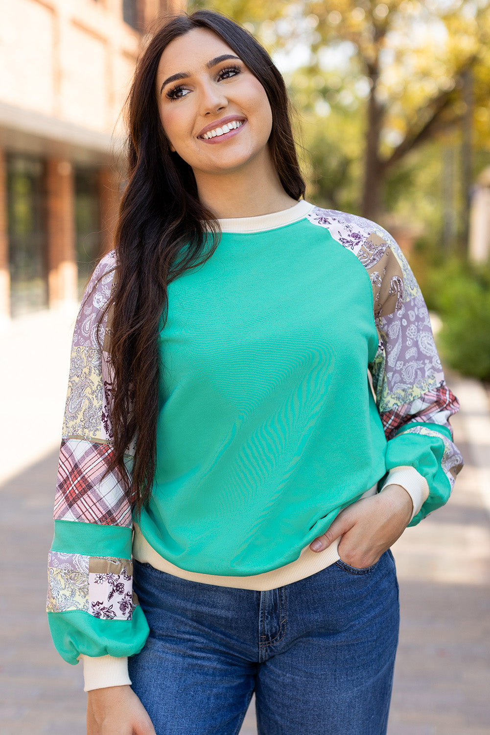 Kiara – Aruba Blue Patchwork Raglan Long Sleeve Top