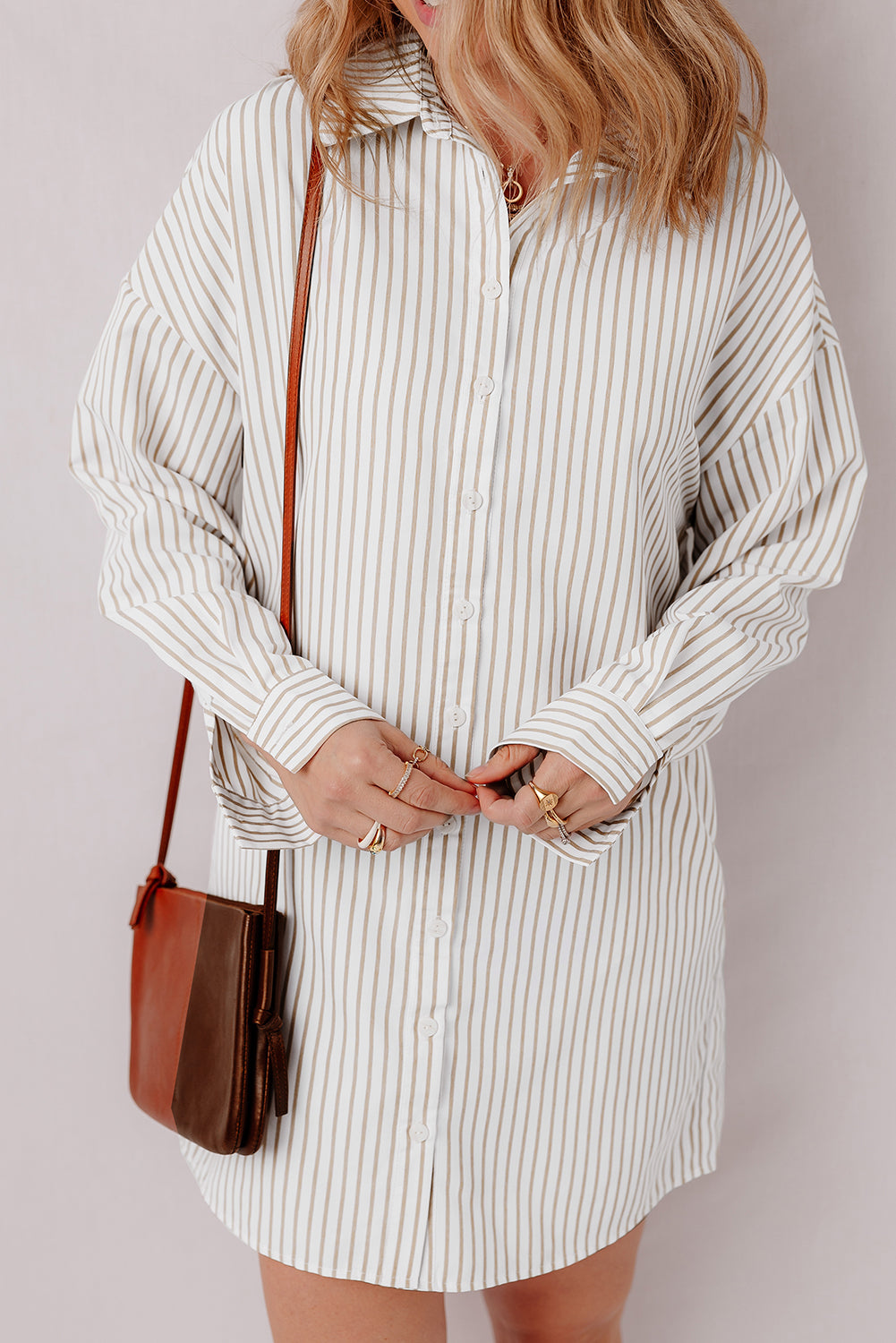 Presley – Khaki Striped Long Sleeve Button-Up Shirt Dress