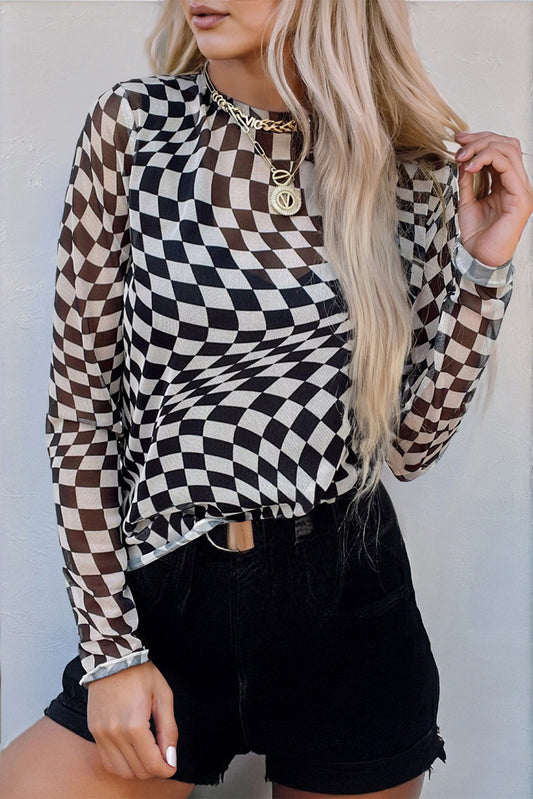 Zara – Black Checkered Pattern Mesh Mock Neck Long Sleeve Top