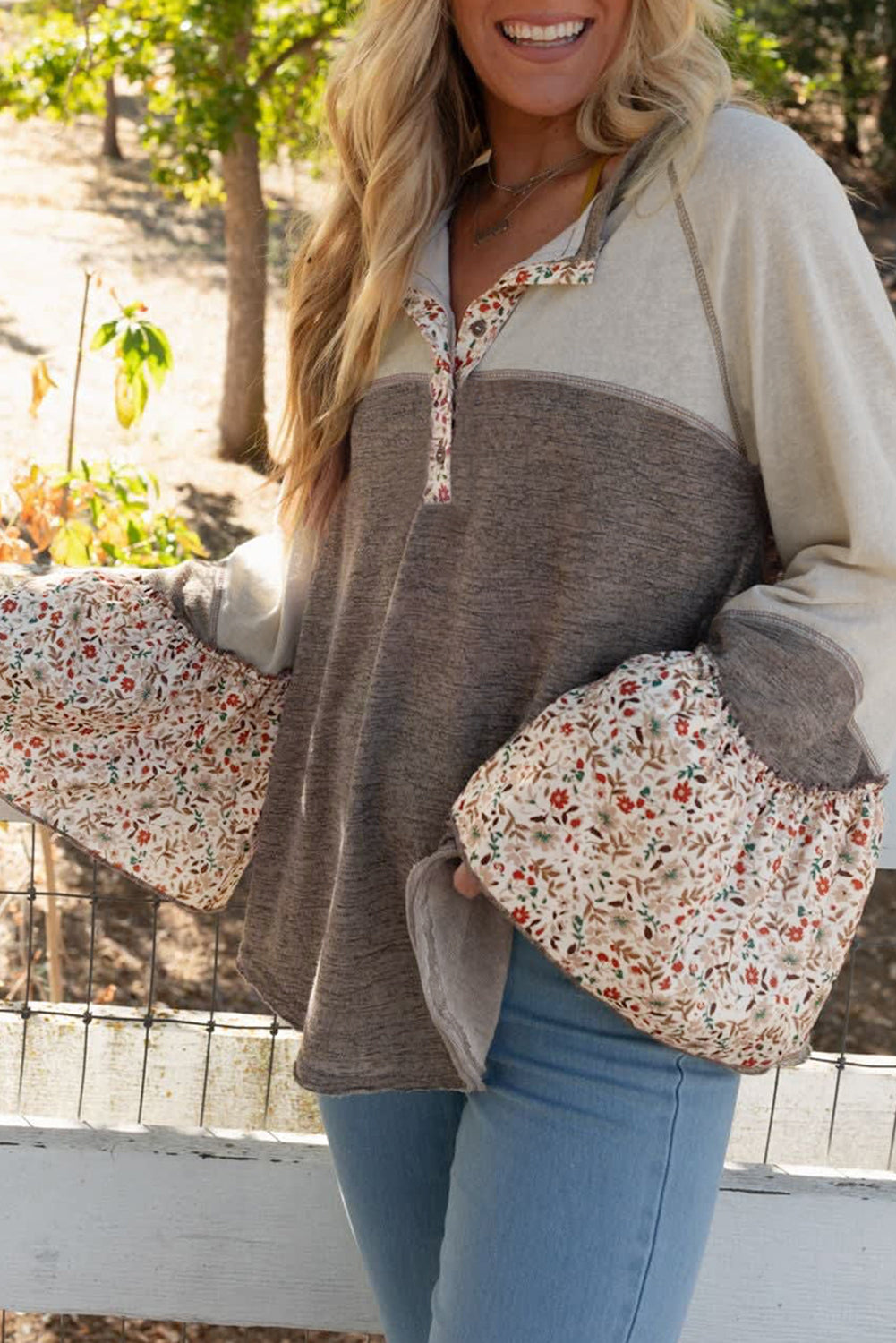 Juliana – Goat Colorblock Floral Patchwork Flared Sleeve Buttons Henley Top